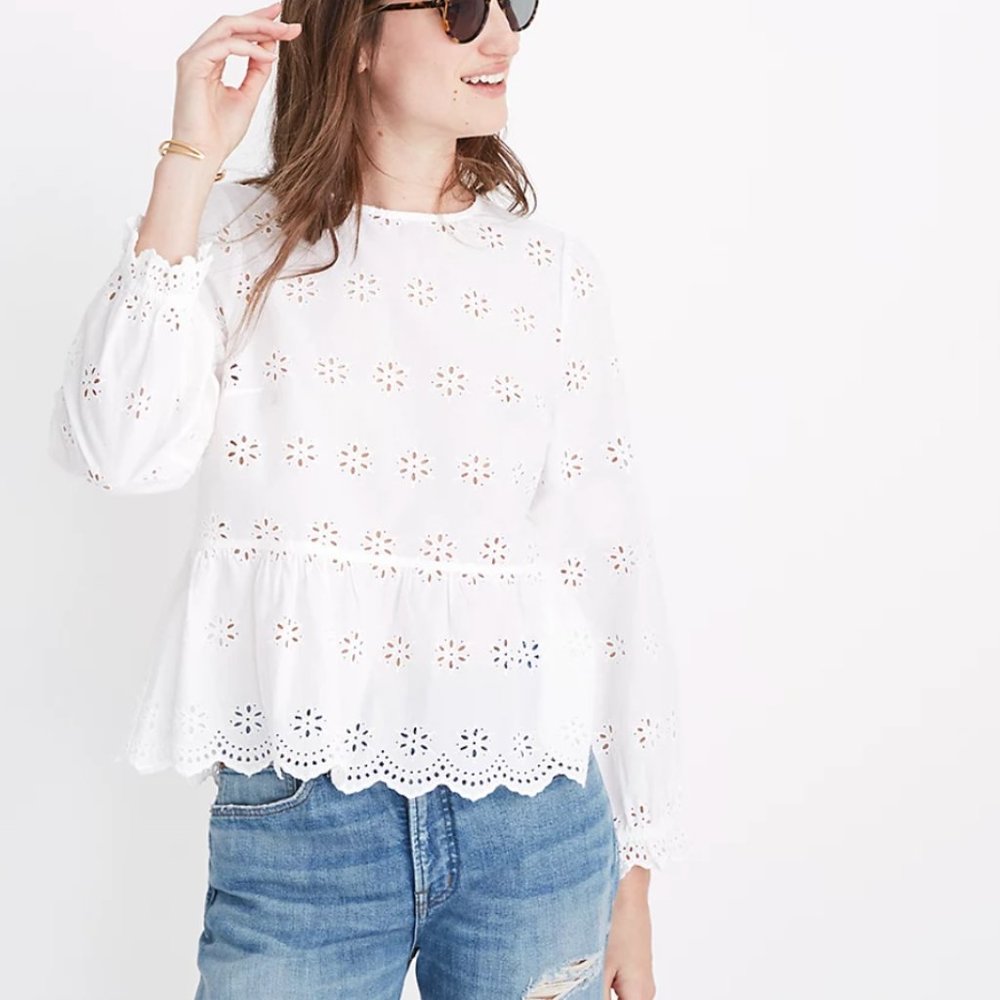 Madewell Eyelet Keyhole Peplum Top White
